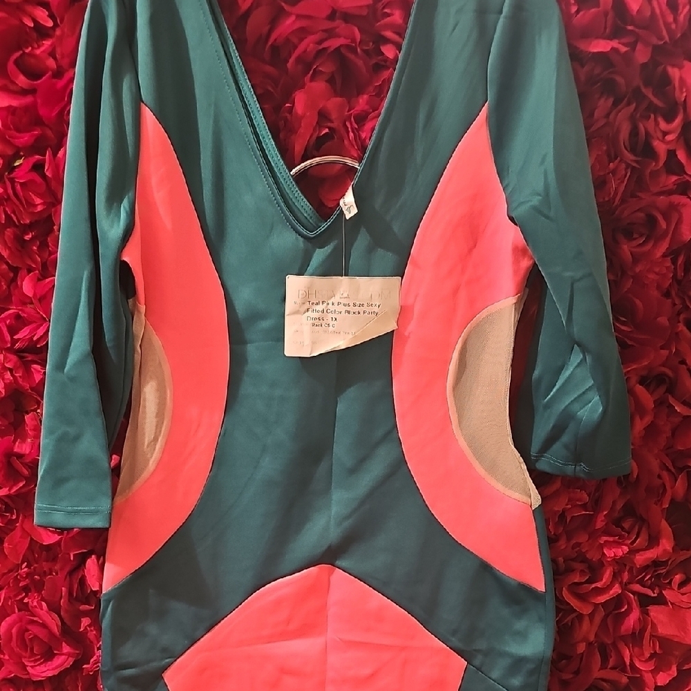 Auditions NWT Teal and Pink V-Neck Fitted Color Block Dress Size 1X